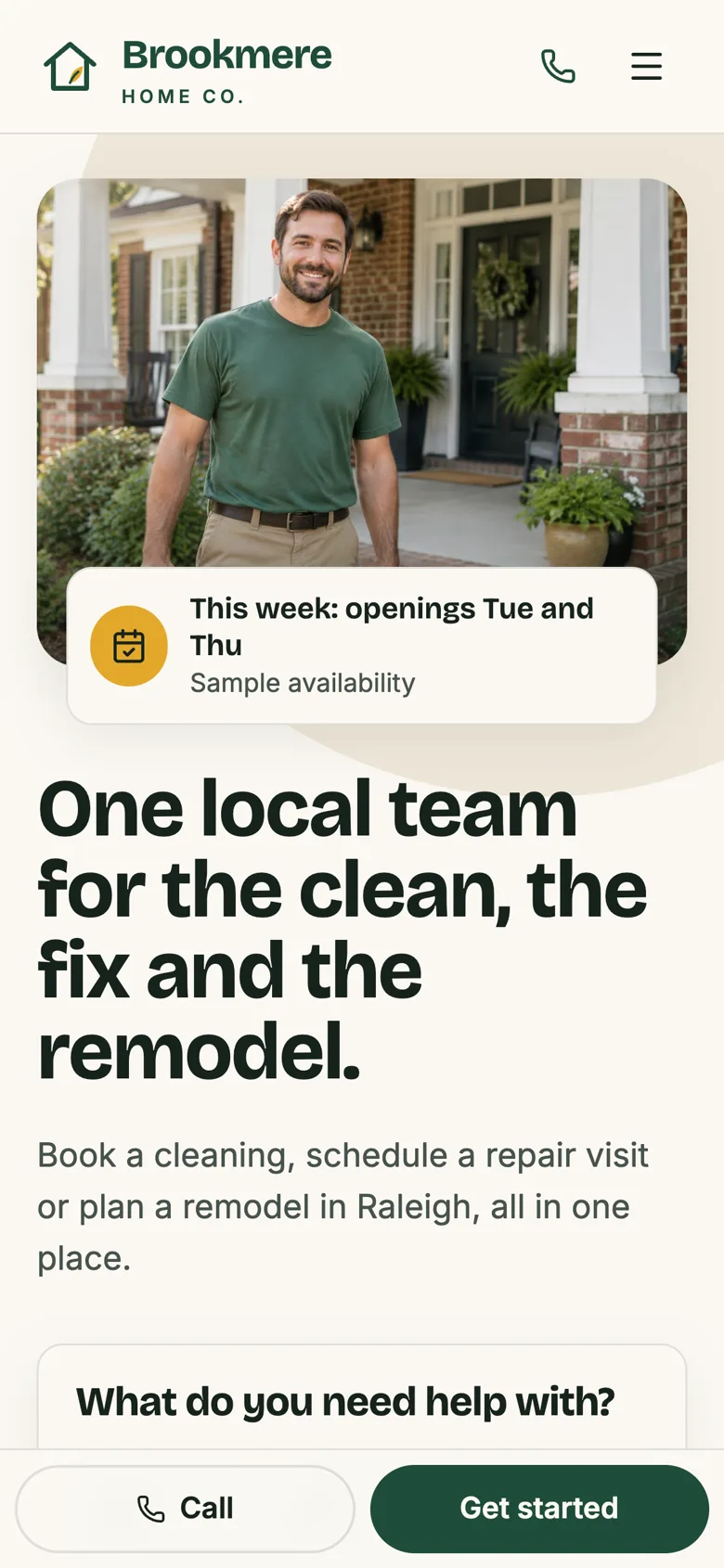 Home services website home page on a phone-sized screen.