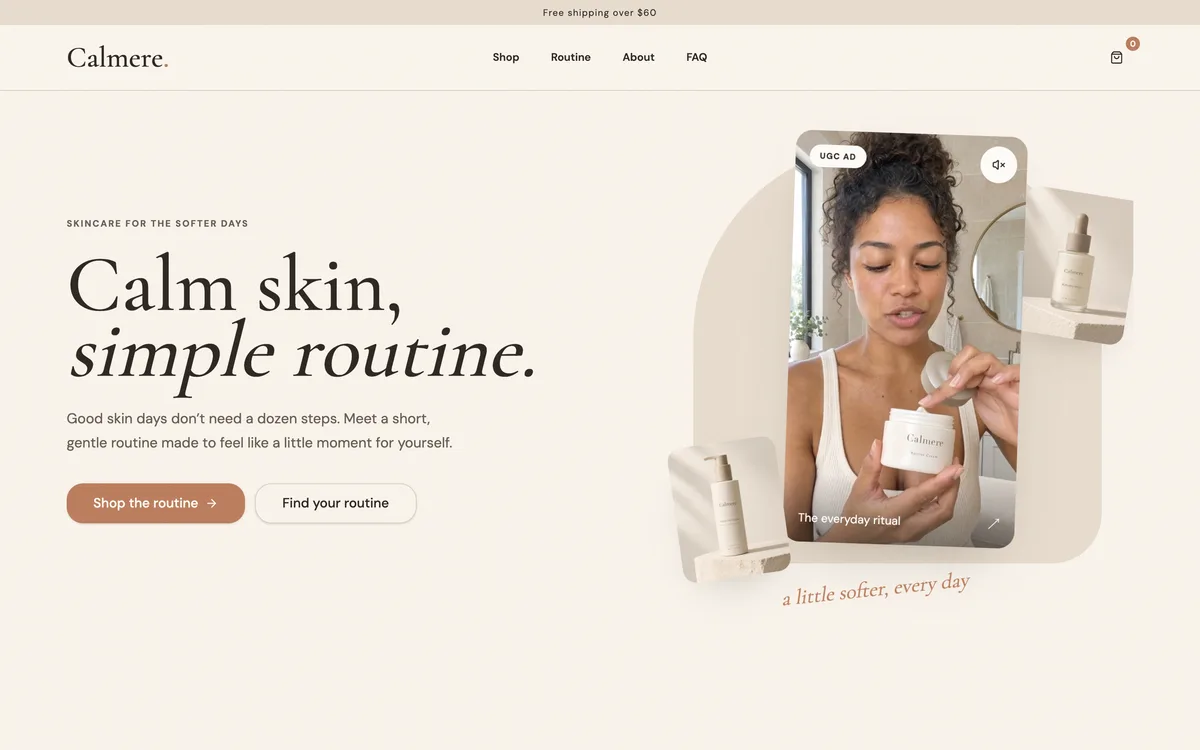 Calmere store home page: Calm skin, simple routine, with a product video card.