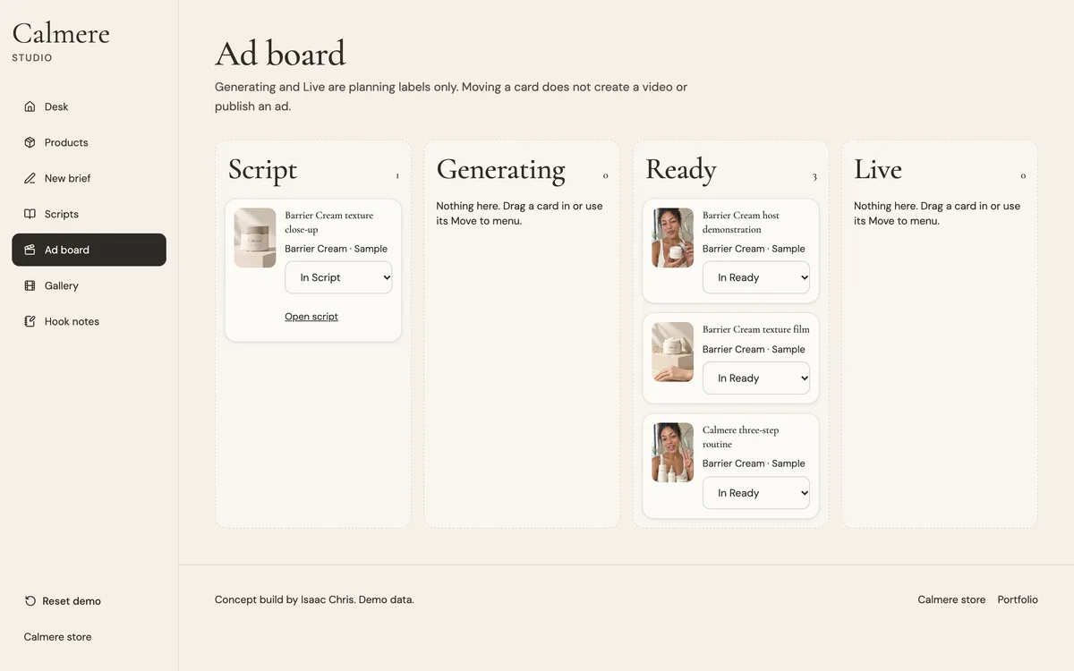 Calmere Studio ad board with columns for each stage of an ad.