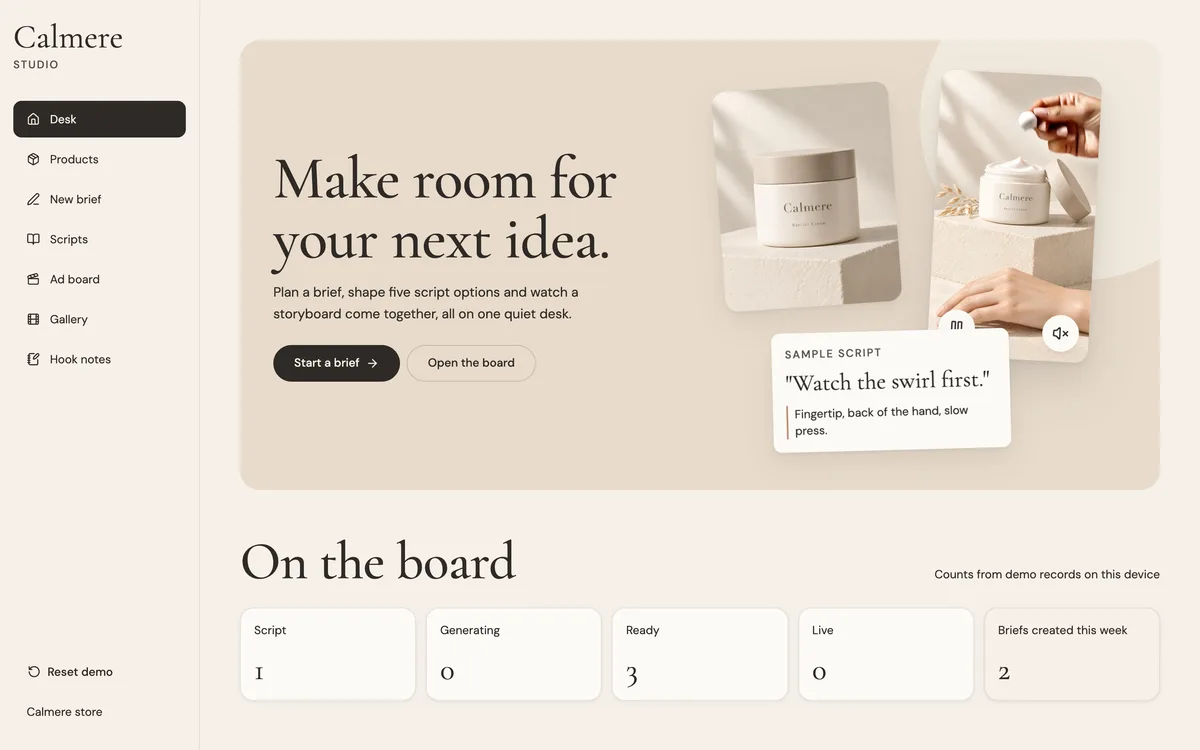 Calmere Studio desk: Make room for your next idea, with a sample script card and counts of ads on the board.