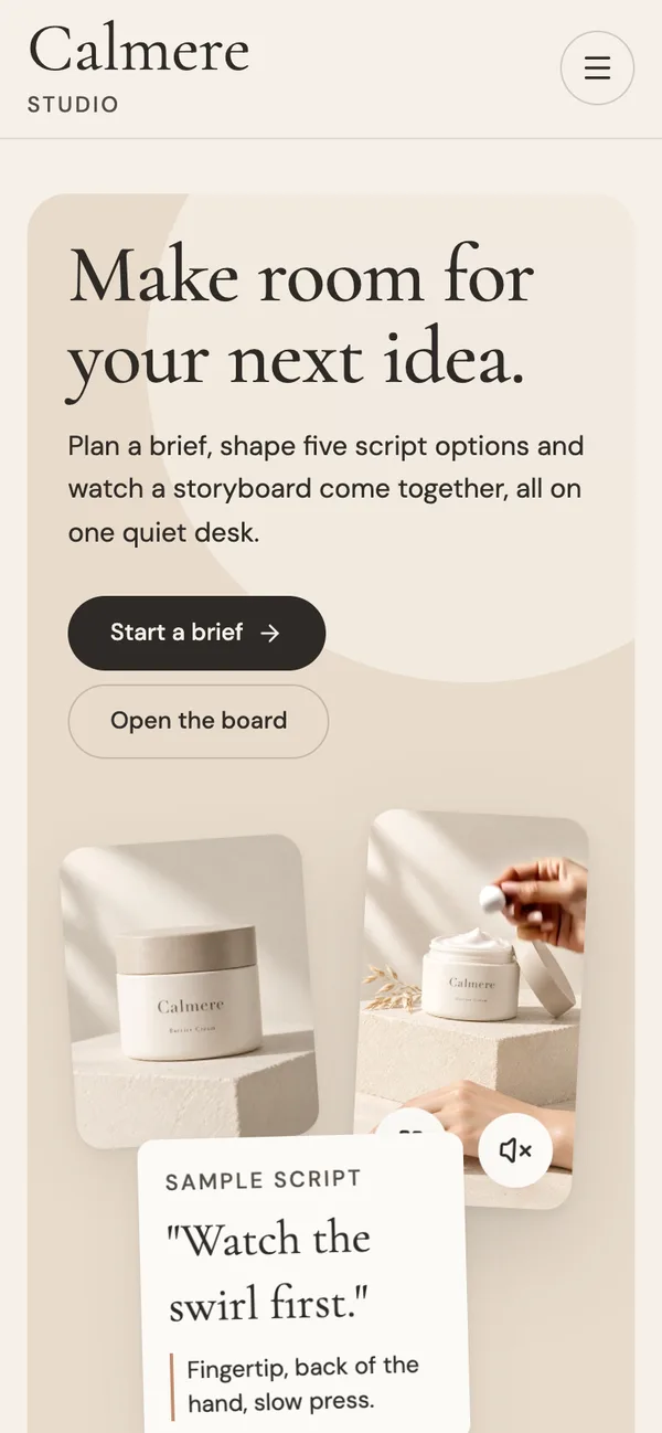 Calmere Studio on a phone-sized screen. This is the responsive web app, not a native mobile app.