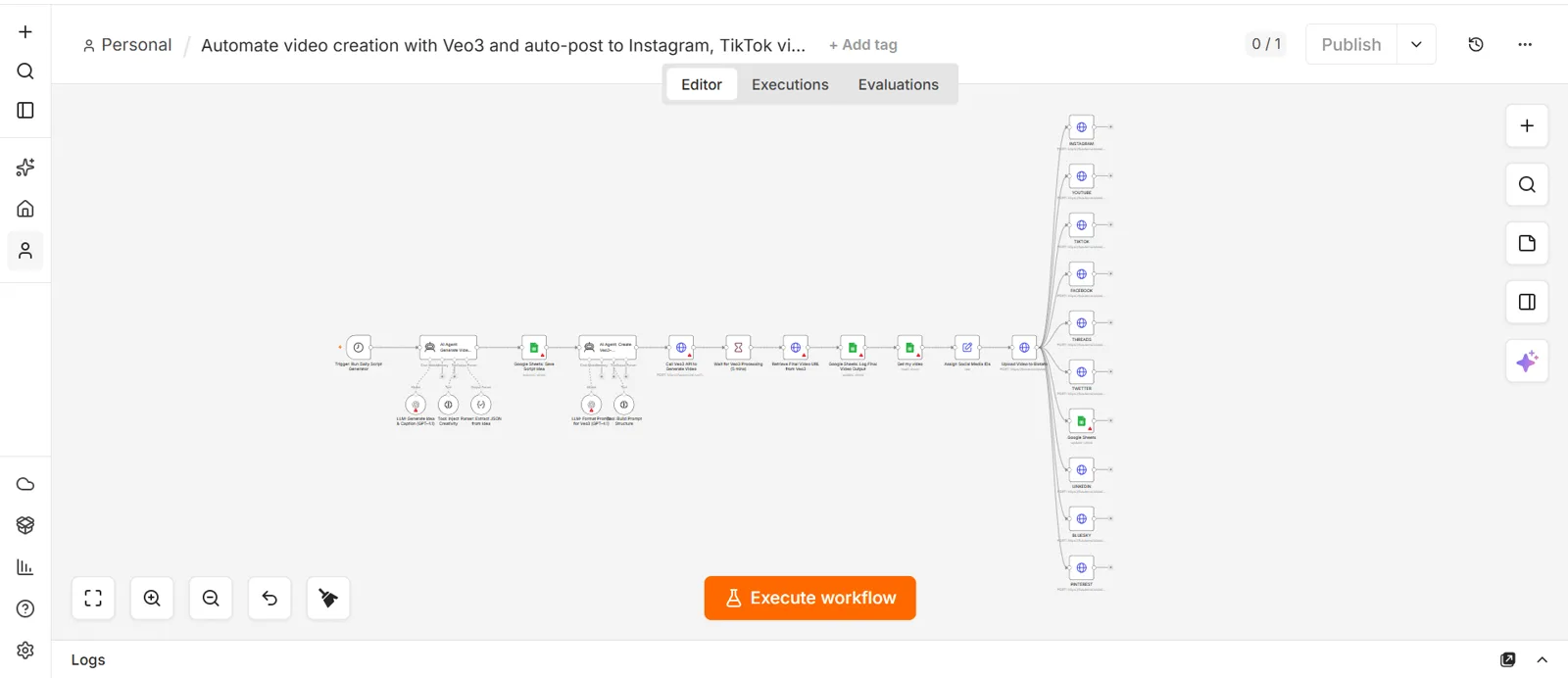 An earlier n8n workflow that creates a video and posts it to several platforms.