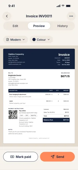 FastPay preview of the finished invoice PDF with template and colour options.