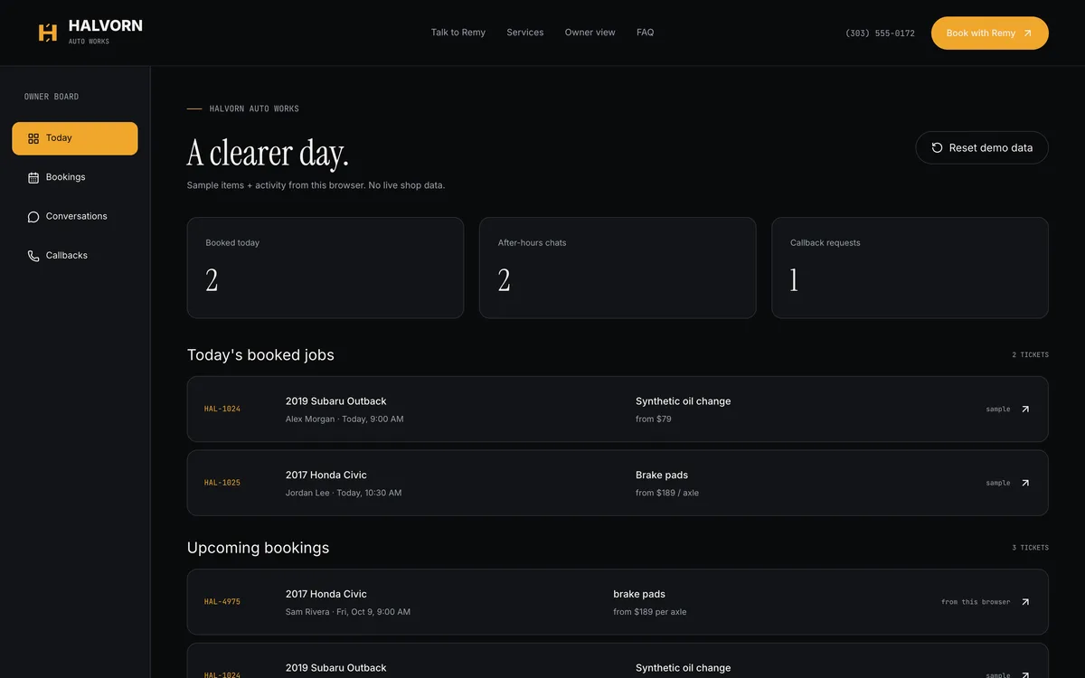 Owner board with today's booked jobs, after-hours chats and callback requests. Sample data.