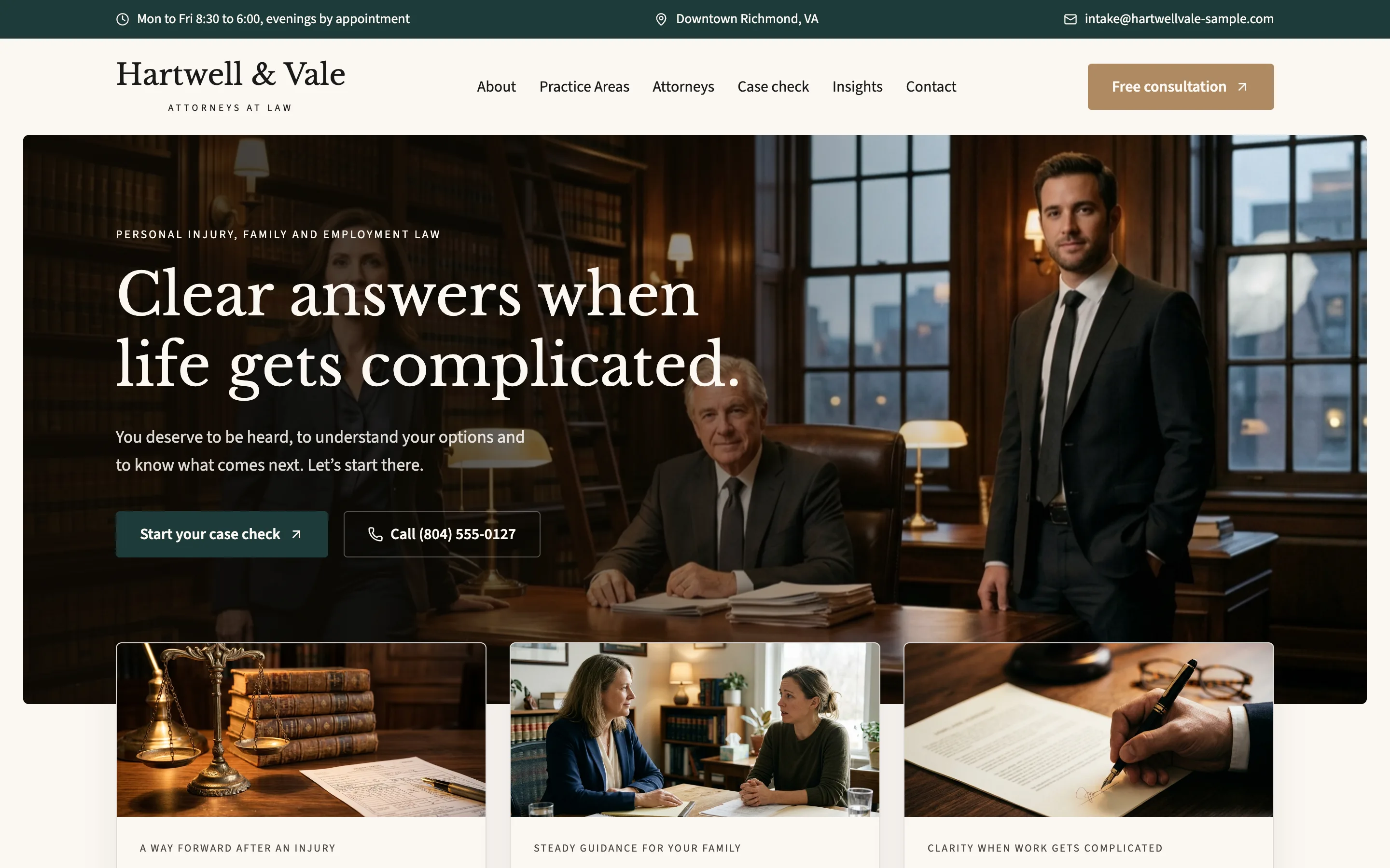 Law firm home page with attorneys in an office and a case check button.