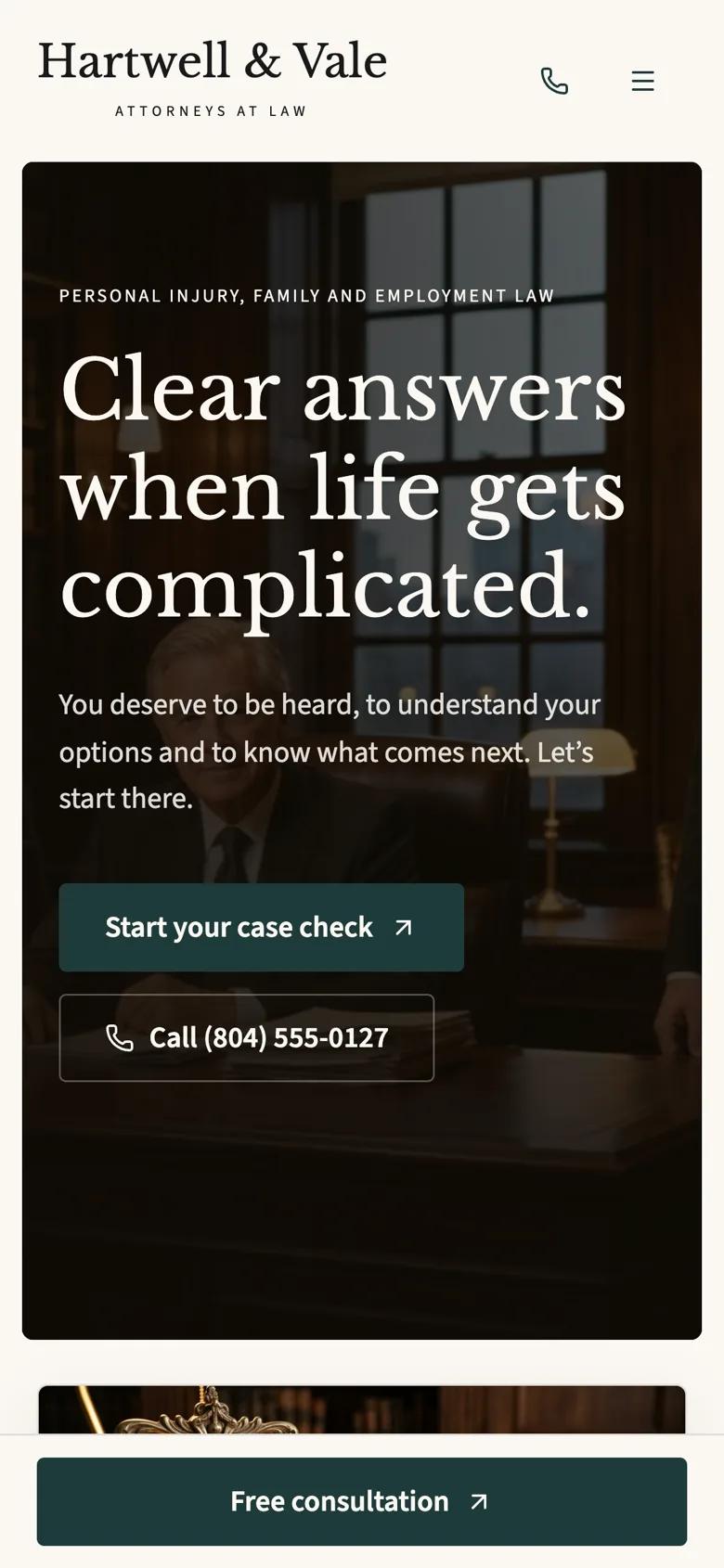 Law firm website home page on a phone-sized screen.