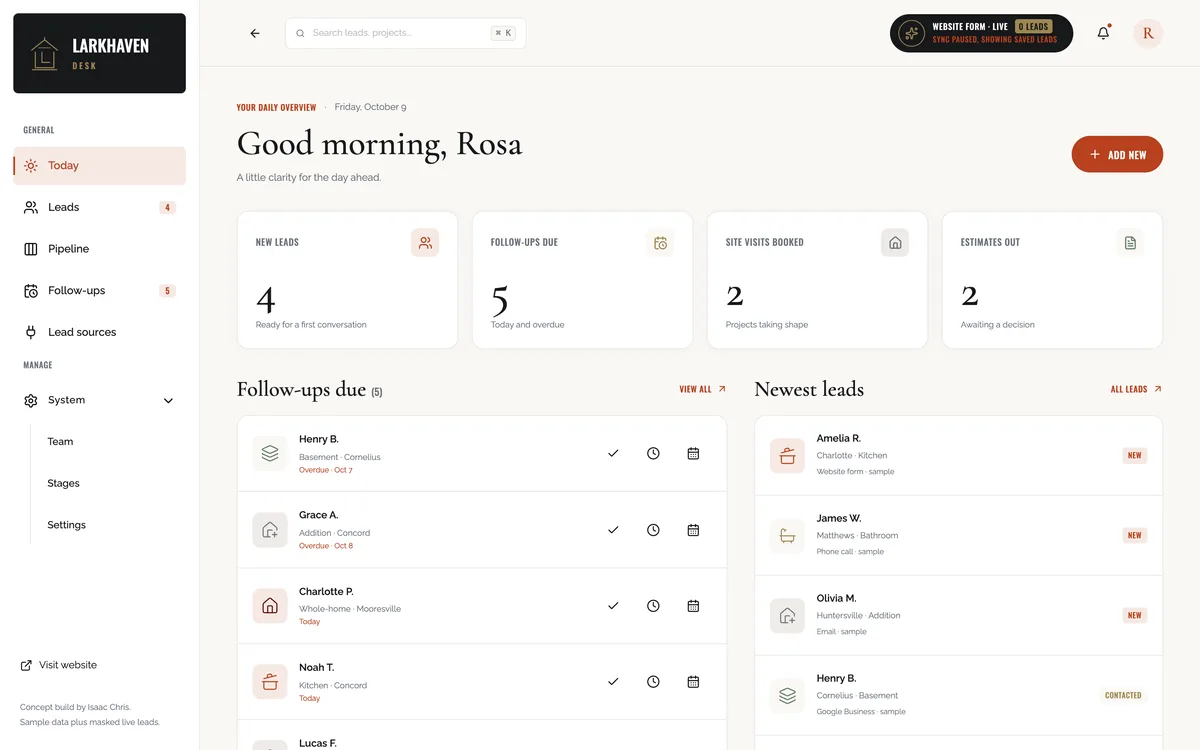 Today page with new leads, follow-ups due and the newest leads.