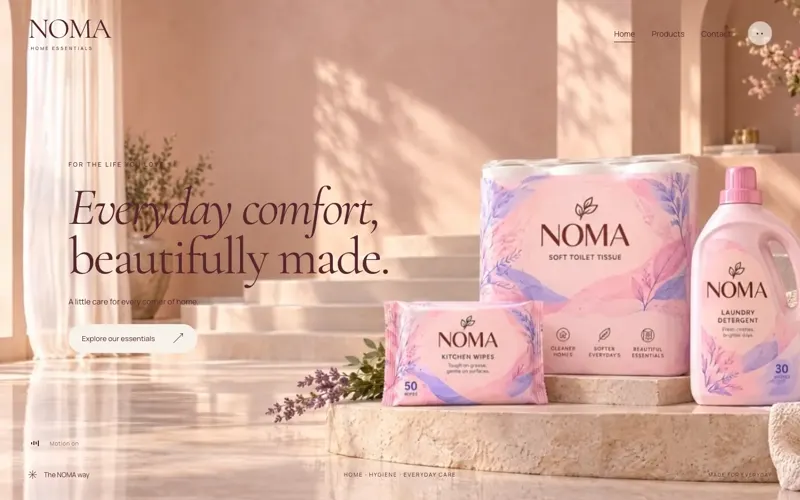 NOMA home page: Everyday comfort, beautifully made, with tissue, wipes and laundry products in a sunlit room.