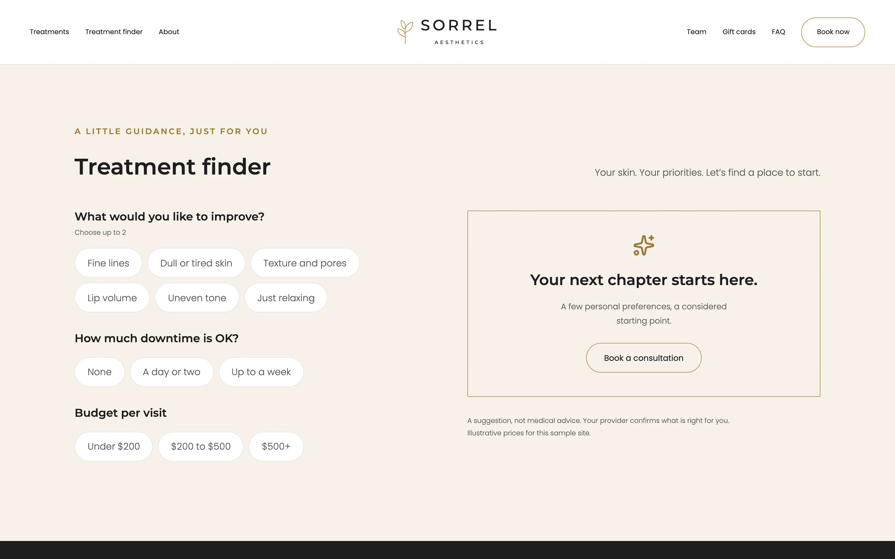 Treatment finder asking what the visitor would like to improve.