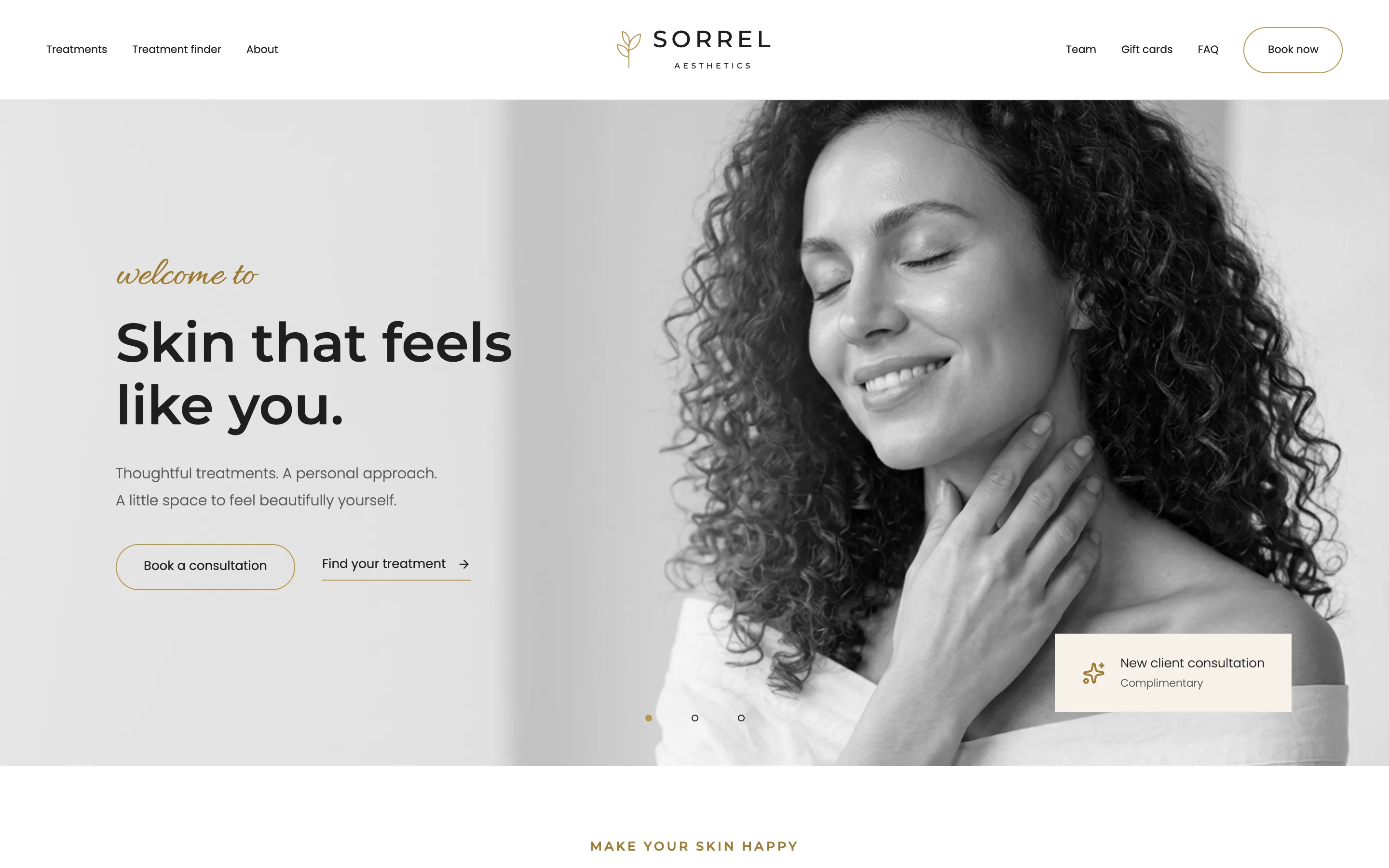 Med spa home page with a portrait and a consultation offer.