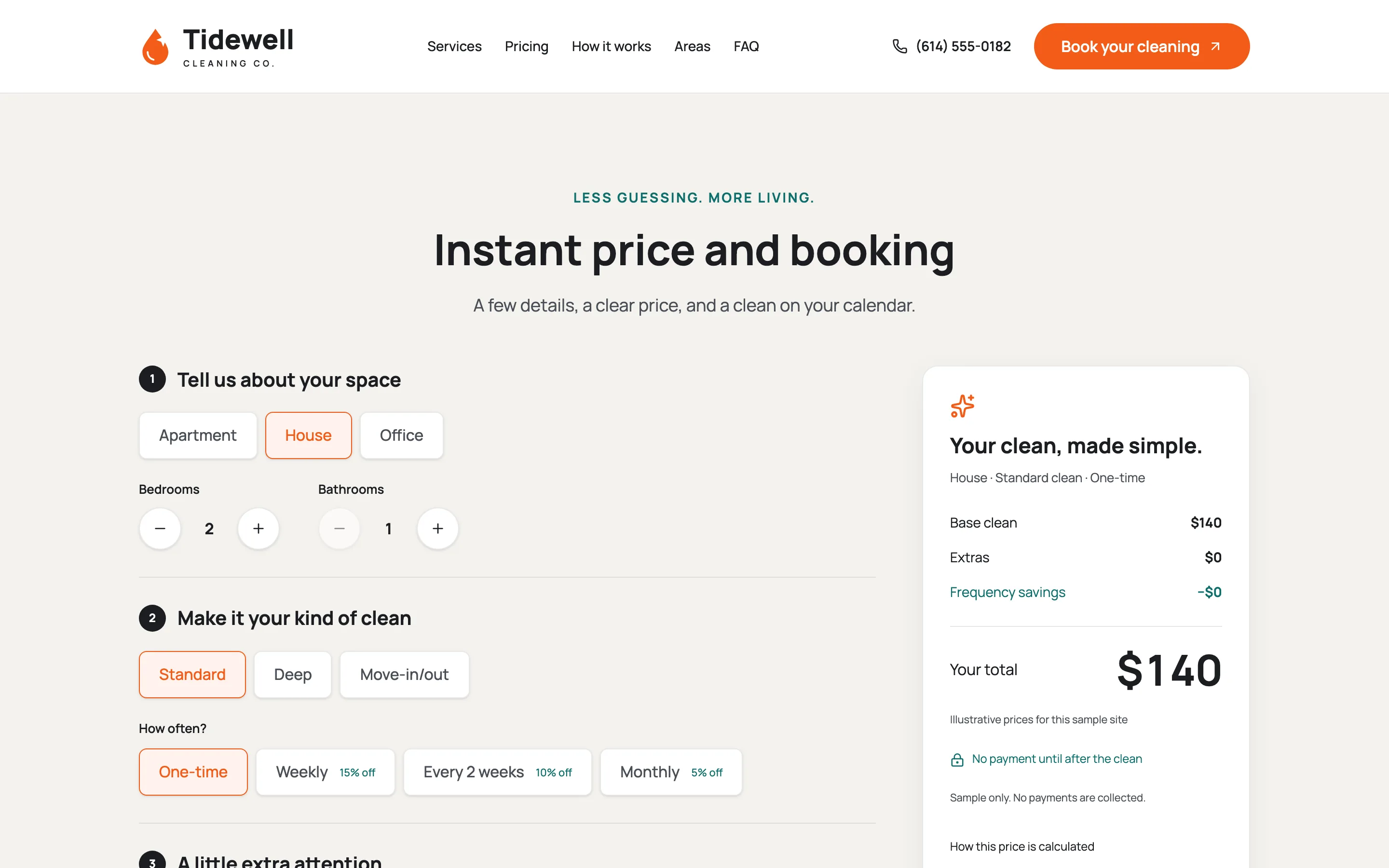 Booking page with the live price and a date and time picker.