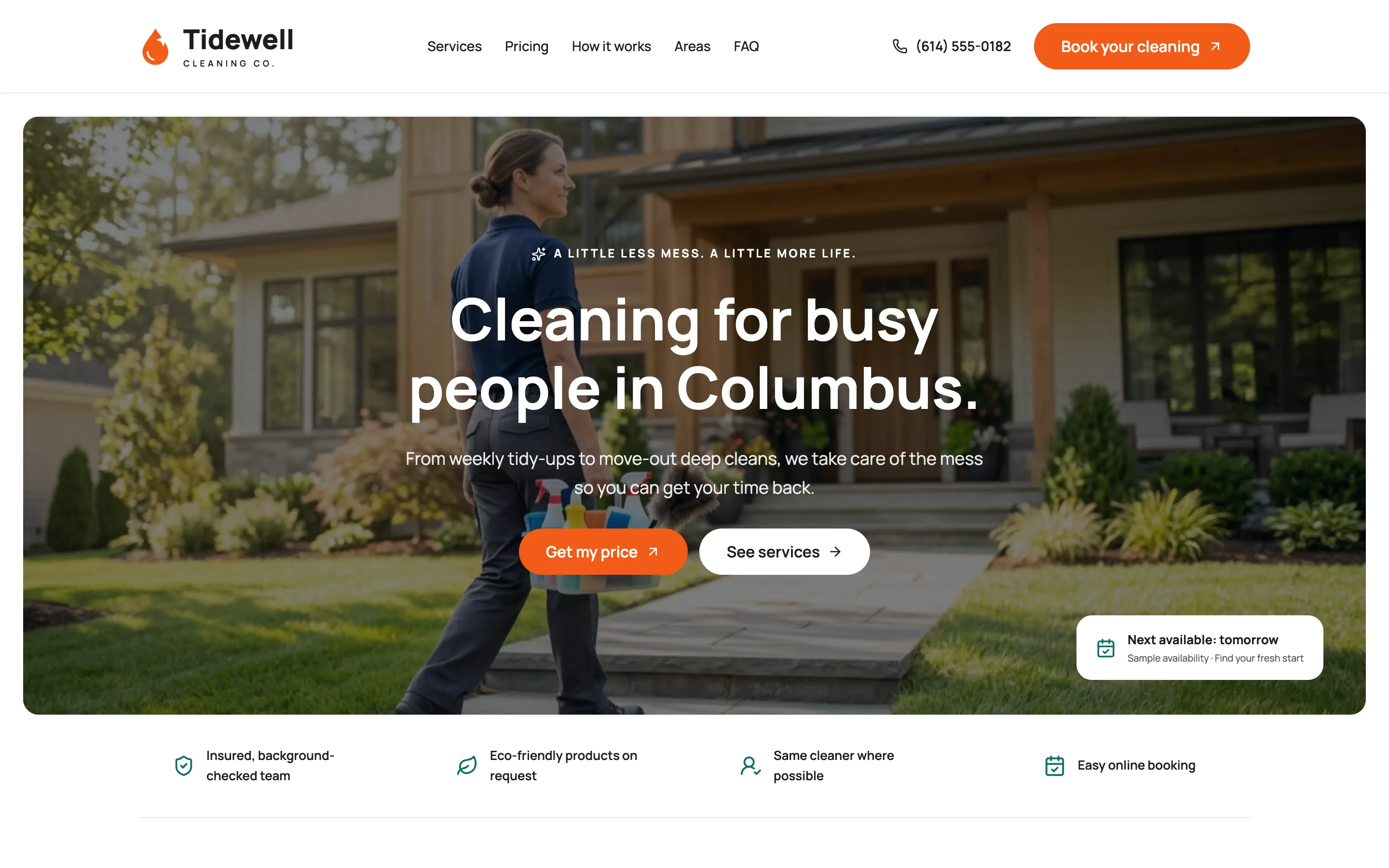 Cleaning company home page with a booking button and trust points.