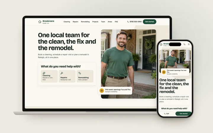 Home services home page asking what the visitor needs help with.