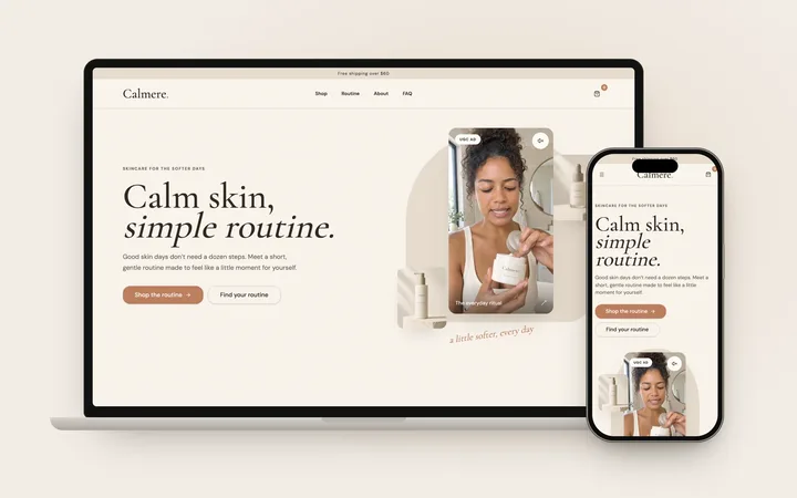 Calmere store home page: Calm skin, simple routine, with a product video card.
