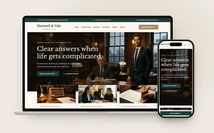 Law firm home page with attorneys in an office and a case check button.