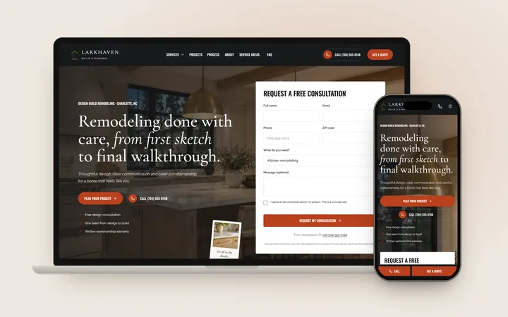 Larkhaven home: Remodeling done with care, with a consultation form beside the headline.